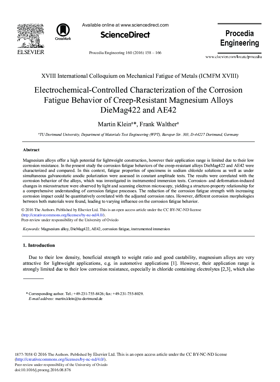 Electrochemical-controlled Characterization of the Corrosion Fatigue Behavior of Creep-resistant Magnesium Alloys DieMag422 and AE42