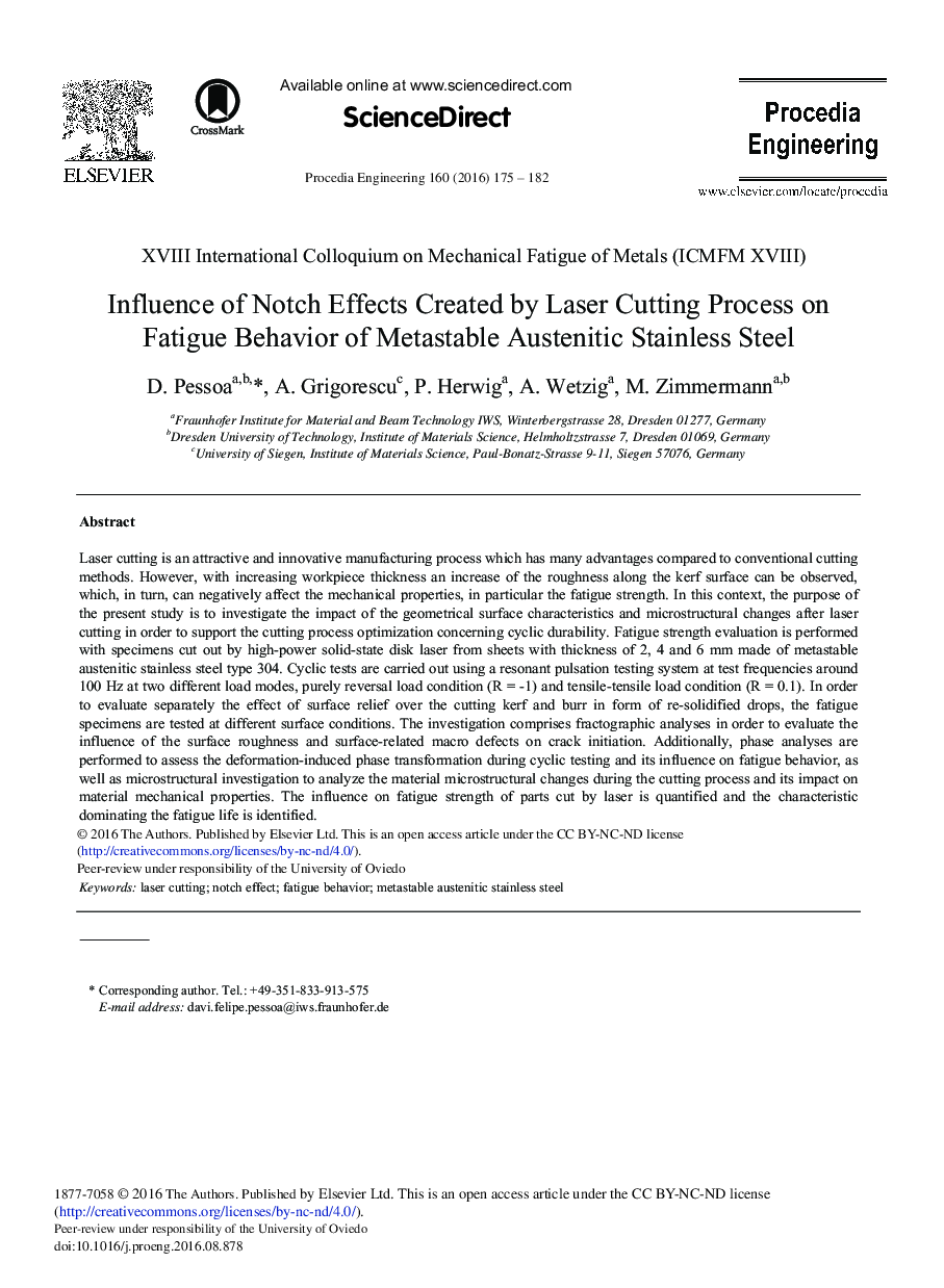 Influence of Notch Effects Created by Laser Cutting Process on Fatigue Behavior of Metastable Austenitic Stainless Steel