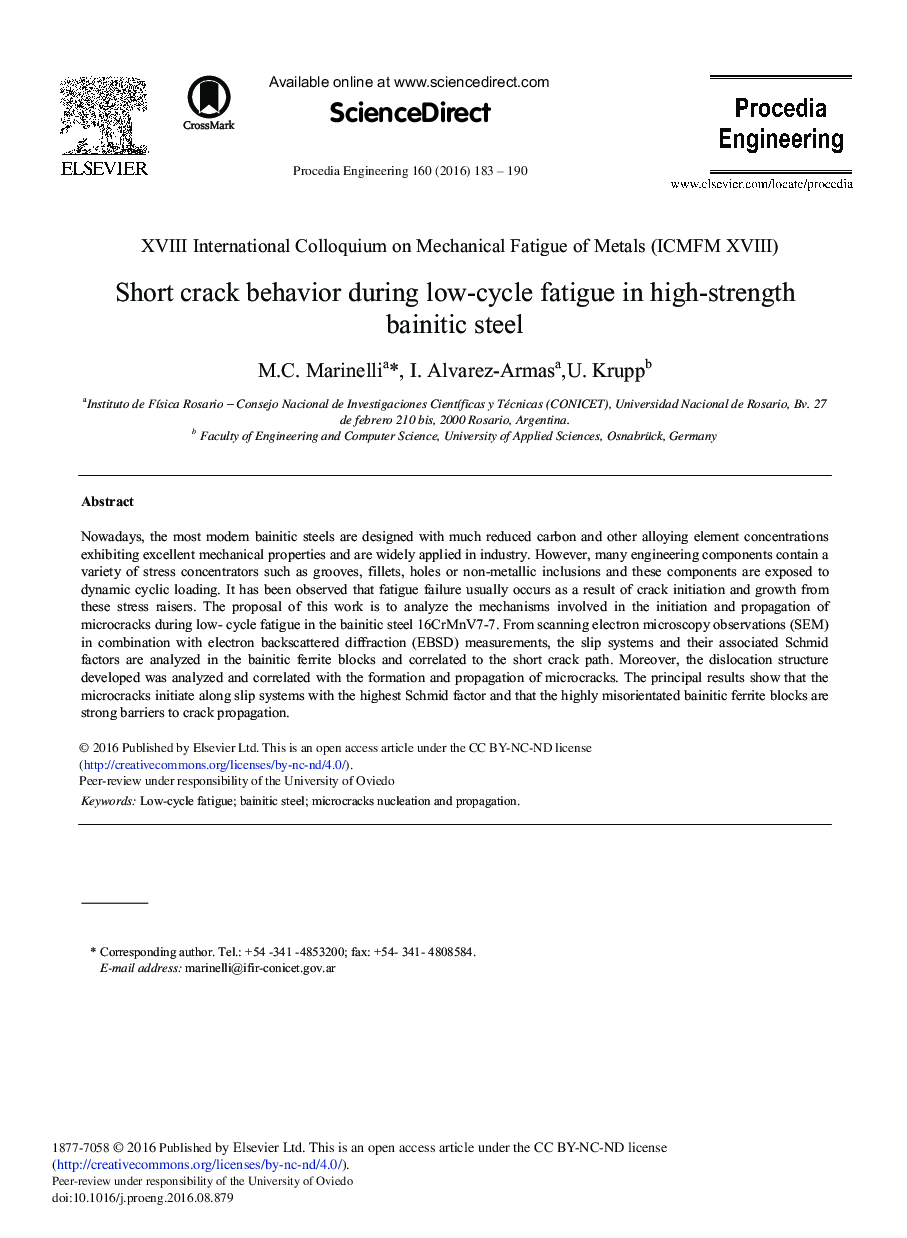 Short Crack Behavior During Low-cycle Fatigue in High-strength Bainitic Steel