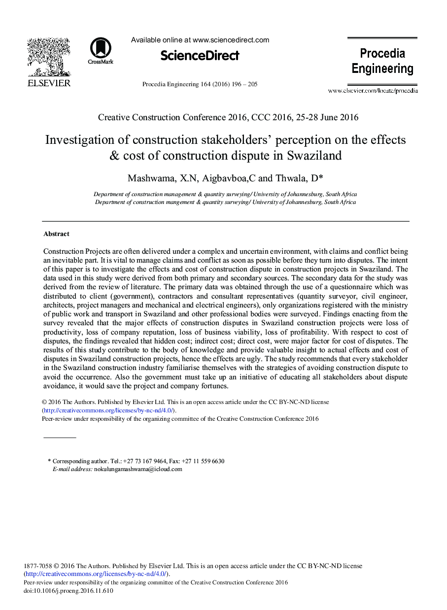 Investigation of Construction Stakeholders' Perception on the Effects & Cost of Construction Dispute in Swaziland