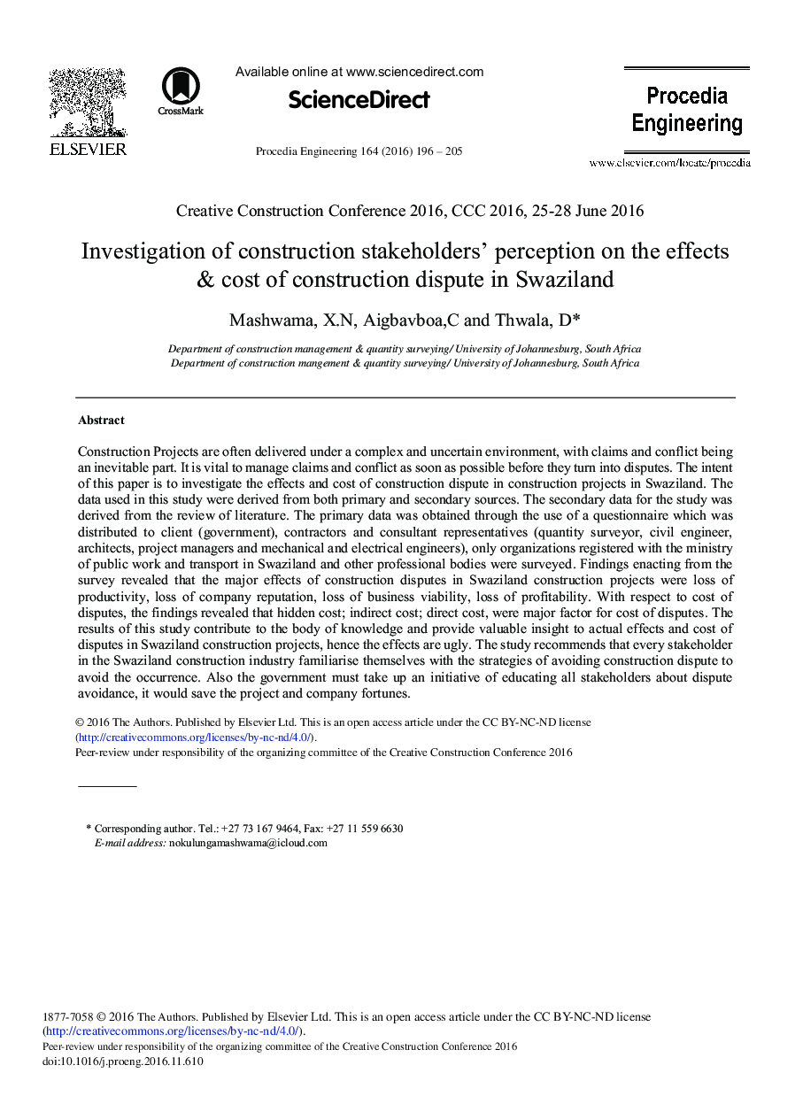 عکس صفحه اول مقاله: Investigation of Construction Stakeholders' Perception on the Effects & Cost of Construction Dispute in Swaziland Investigation of Construction Stakeholders' Perception on the Effects & Cost of Construction Dispute in Swaziland