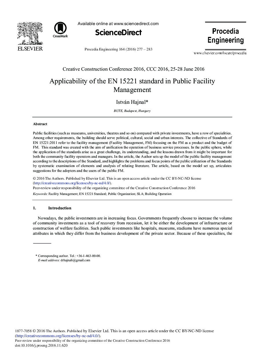 Applicability of the EN 15221 Standard in Public Facility Management