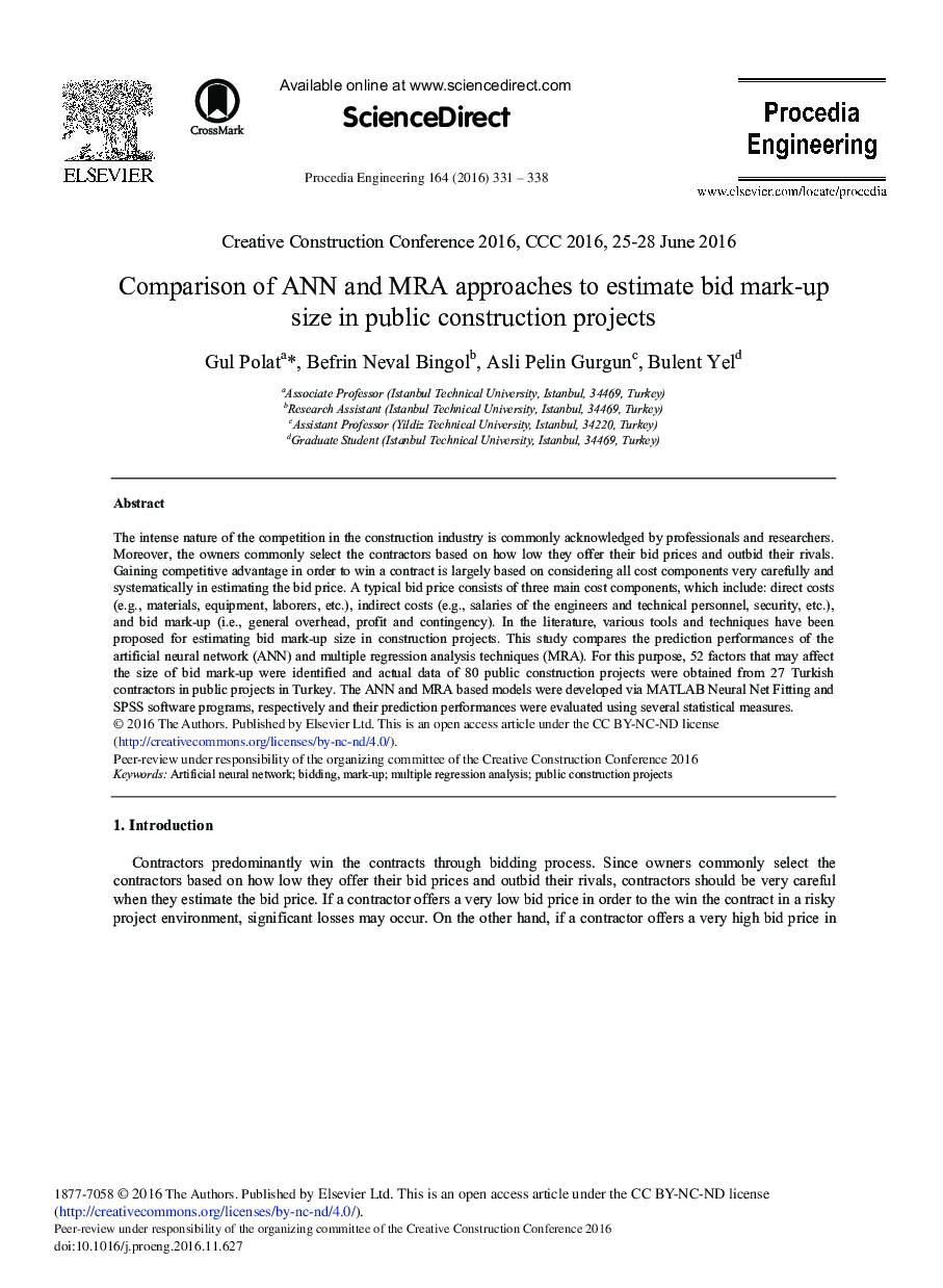 Comparison of ANN and MRA Approaches to Estimate Bid Mark-up Size in Public Construction Projects