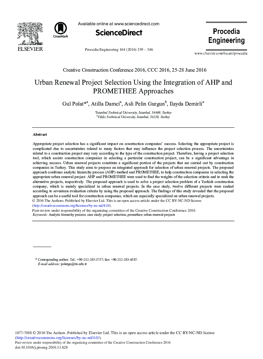 عکس صفحه اول مقاله: Urban Renewal Project Selection Using the Integration of AHP and PROMETHEE Approaches Urban Renewal Project Selection Using the Integration of AHP and PROMETHEE Approaches