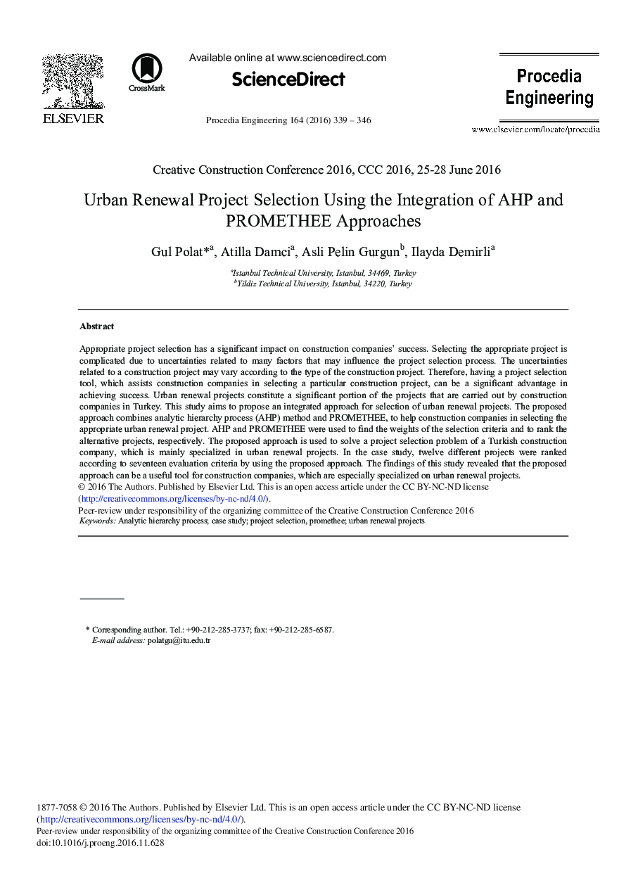 Urban Renewal Project Selection Using the Integration of AHP and PROMETHEE Approaches