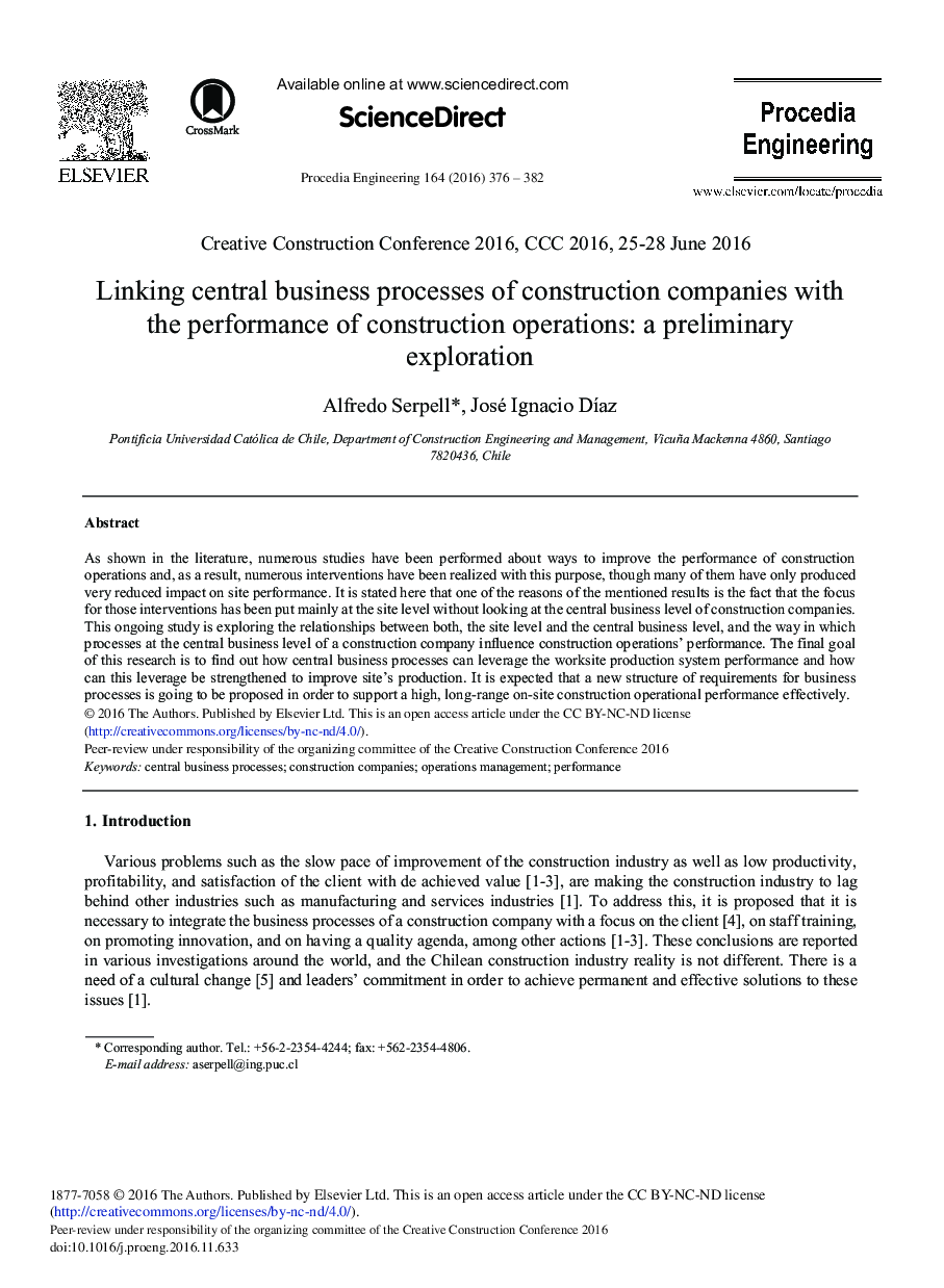 Linking Central Business Processes of Construction Companies with the Performance of Construction Operations: A Preliminary Exploration