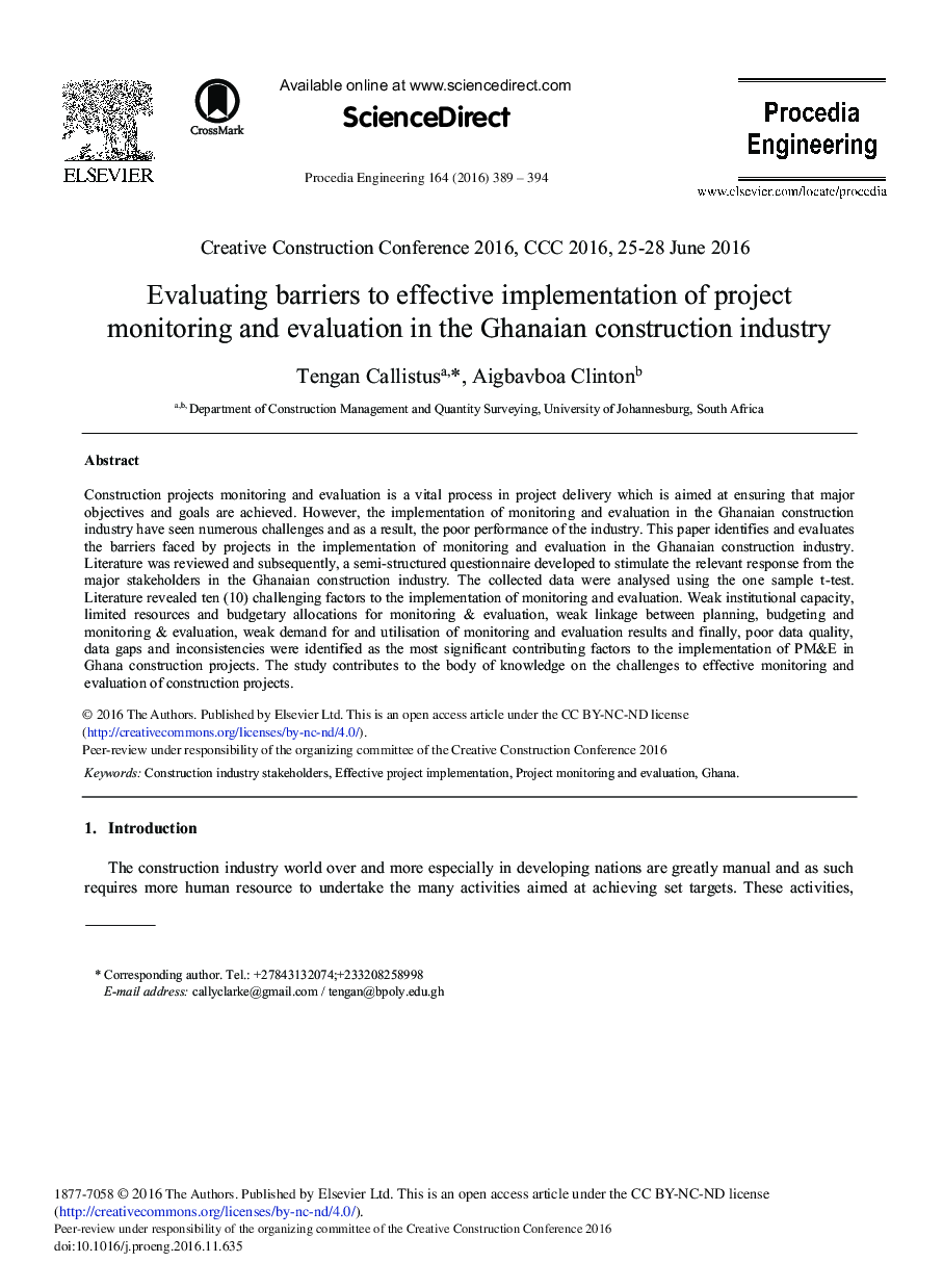 Evaluating Barriers to Effective Implementation of Project Monitoring and Evaluation in the Ghanaian Construction Industry