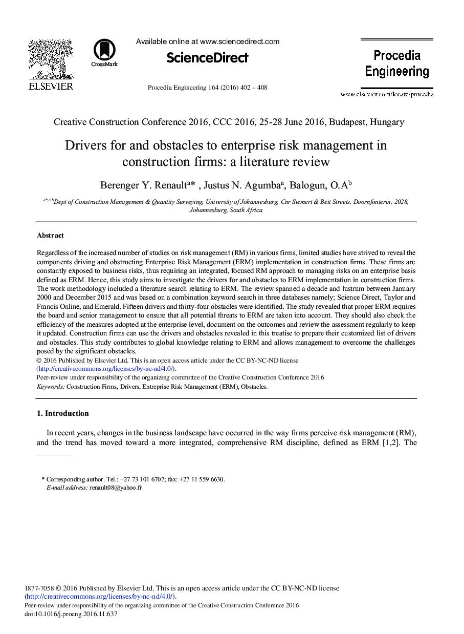 Drivers for and Obstacles to Enterprise Risk Management in Construction Firms: A Literature Review
