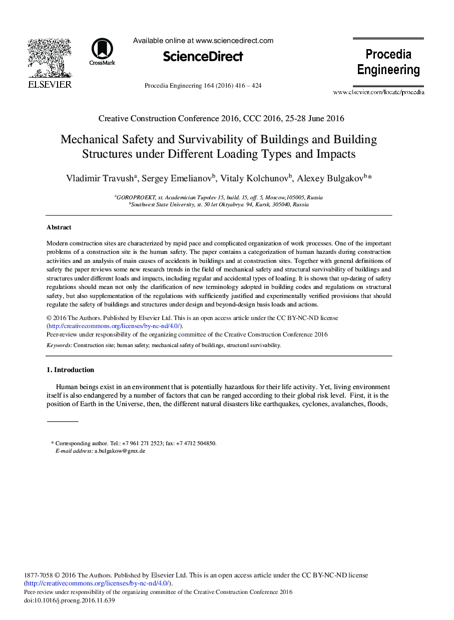 Mechanical Safety and Survivability of Buildings and Building Structures under Different Loading Types and Impacts