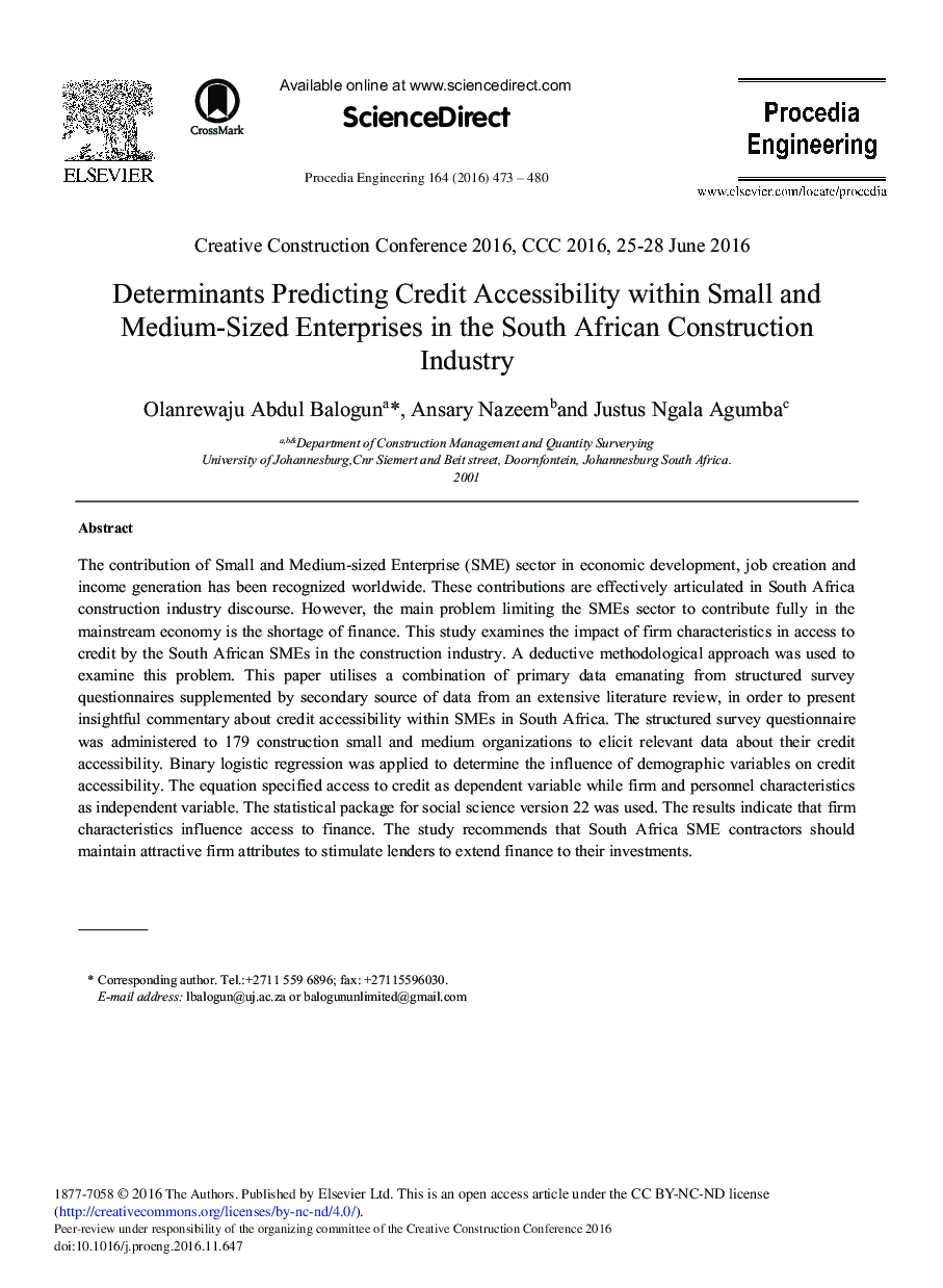 Determinants Predicting Credit Accessibility within Small and Medium-sized Enterprises in the South African Construction Industry