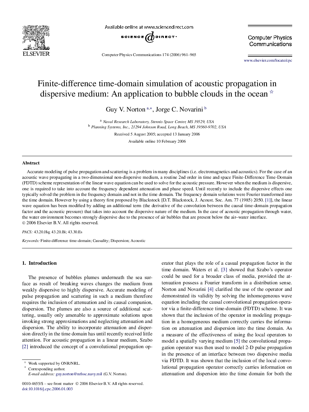 Finite-difference time-domain simulation of acoustic propagation in dispersive medium: An application to bubble clouds in the ocean 