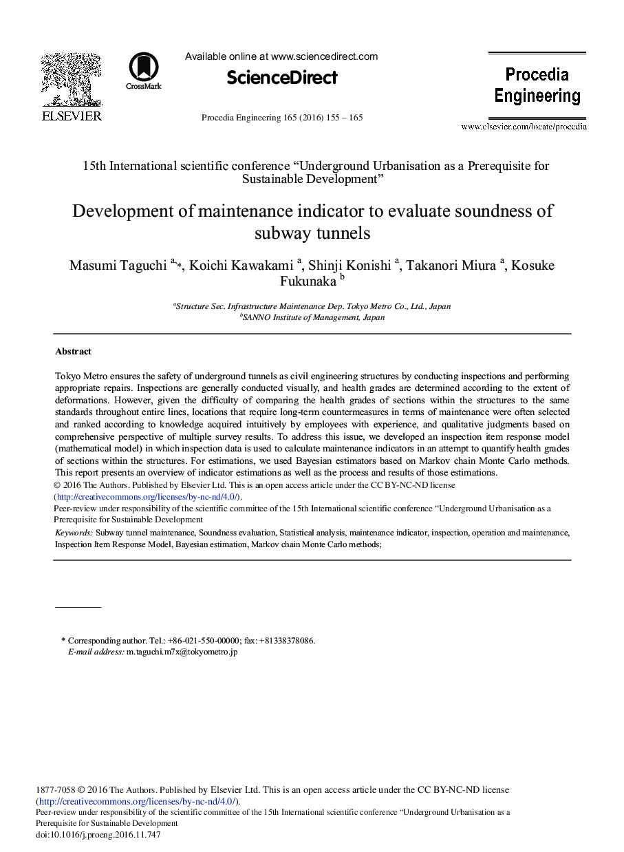 Development of Maintenance Indicator to Evaluate Soundness of Subway Tunnels