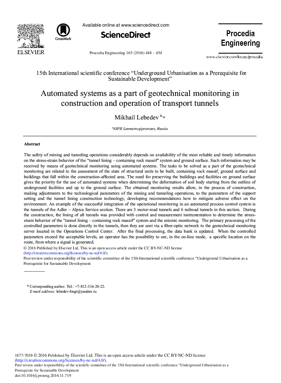 Automated Systems as a Part of Geotechnical Monitoring in Construction and Operation of Transport Tunnels