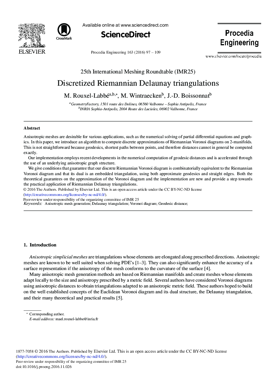 Discretized Riemannian Delaunay Triangulations