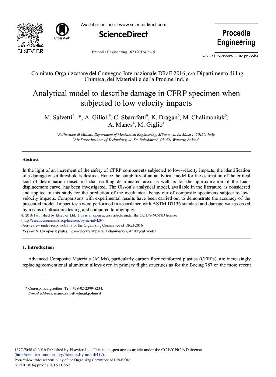 Analytical Model to Describe Damage in CFRP Specimen When Subjected to Low Velocity Impacts