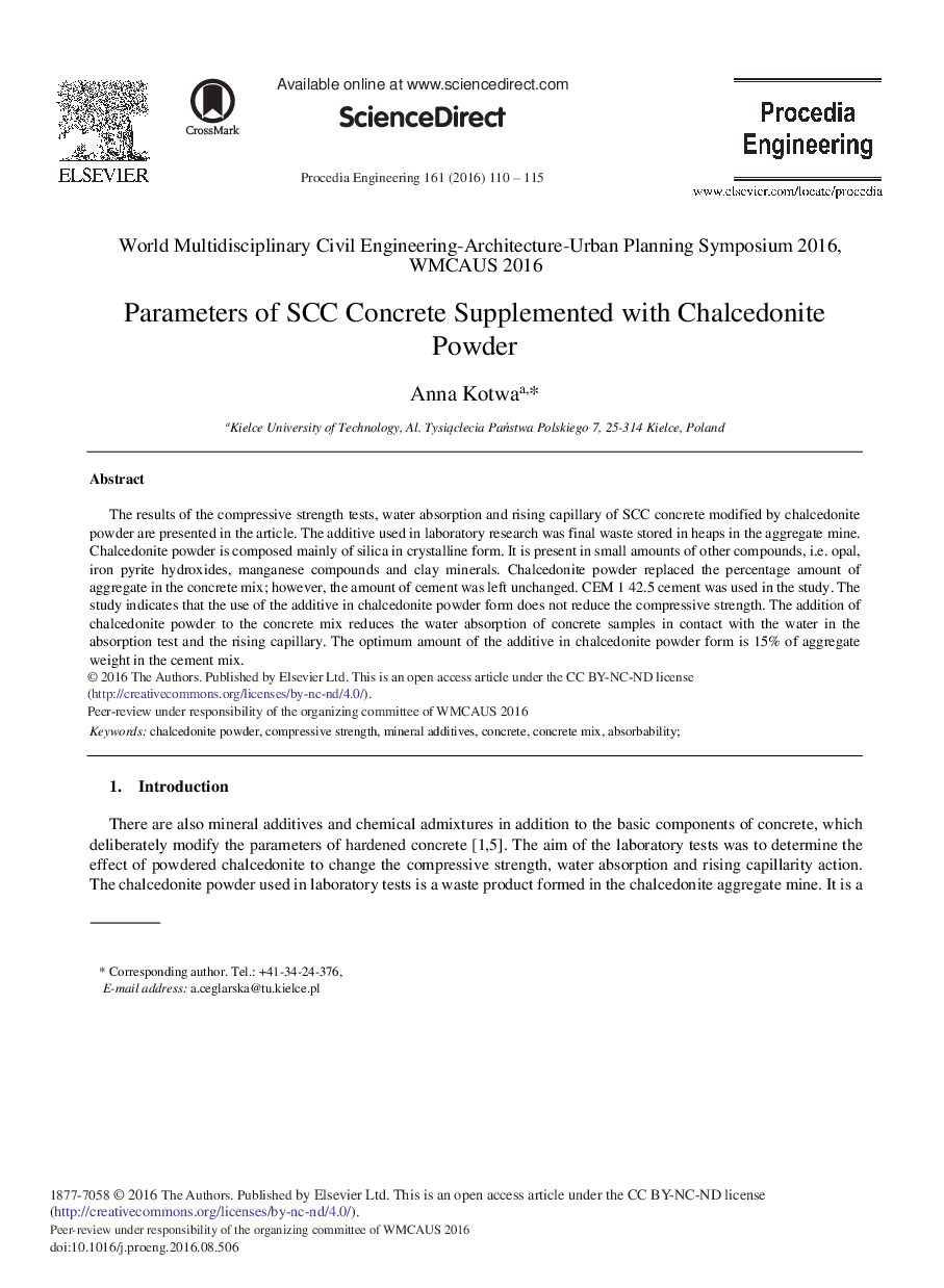 Parameters of SCC Concrete Supplemented with Chalcedonite Powder