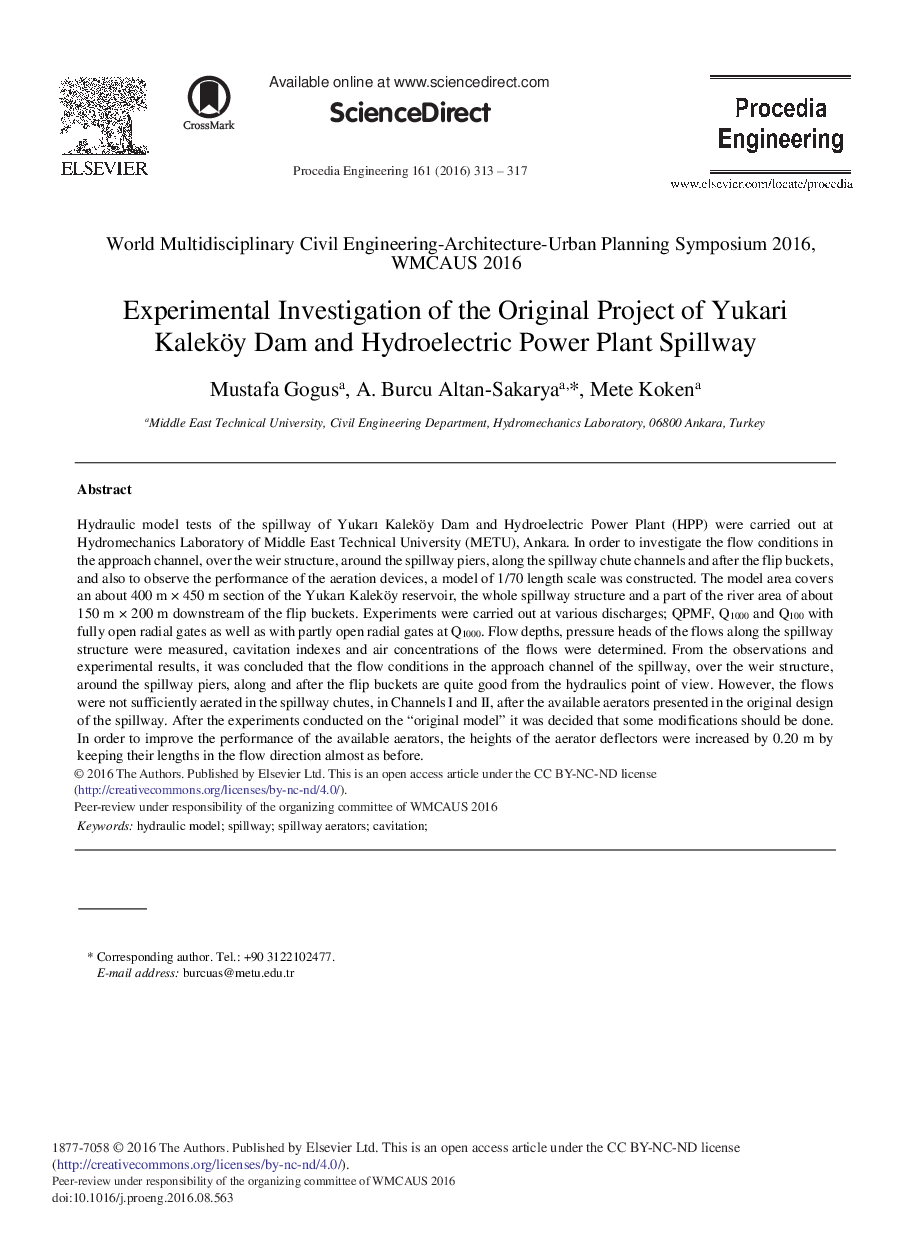 Experimental Investigation of the Original Project of Yukari Kaleköy Dam and Hydroelectric Power Plant Spillway