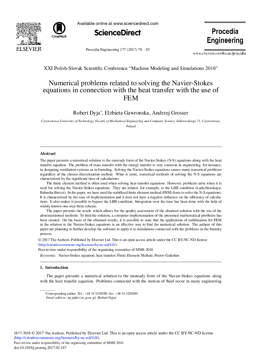 Numerical Problems Related to Solving the Navier-Stokes Equations in Connection with the Heat Transfer with the Use of FEM