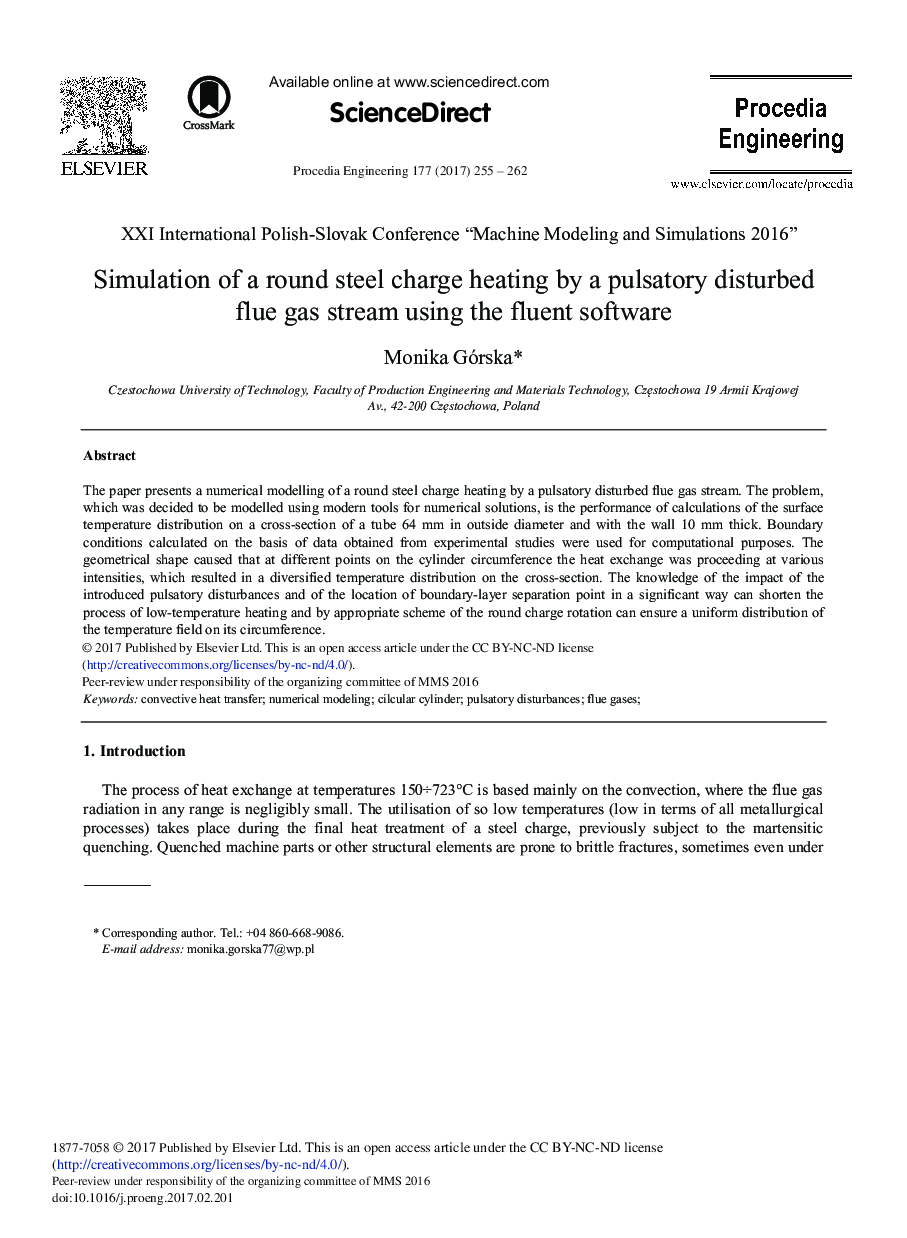 Simulation of a Round Steel Charge Heating by a Pulsatory Disturbed Flue Gas Stream Using the Fluent Software