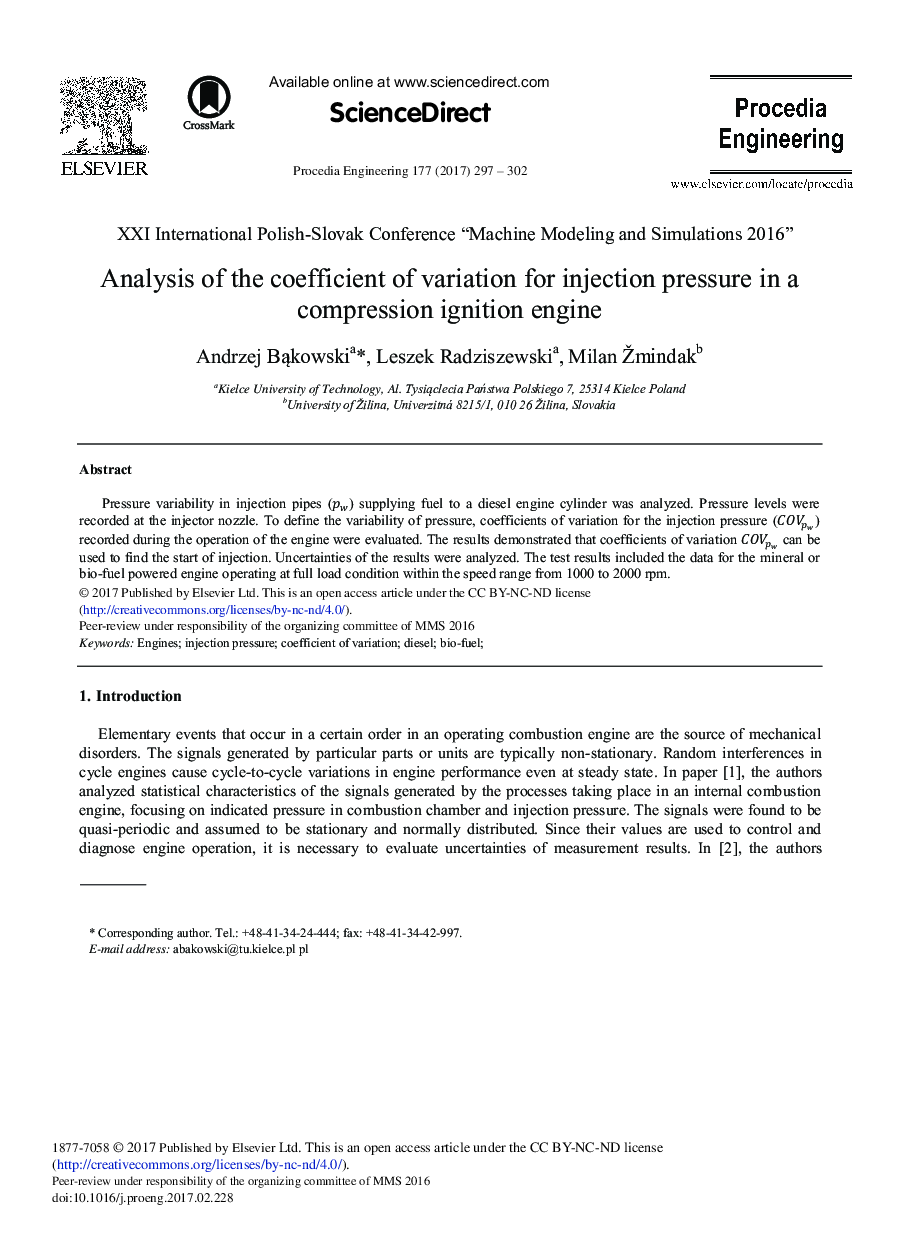 Analysis of the Coefficient of Variation for Injection Pressure in a Compression Ignition Engine