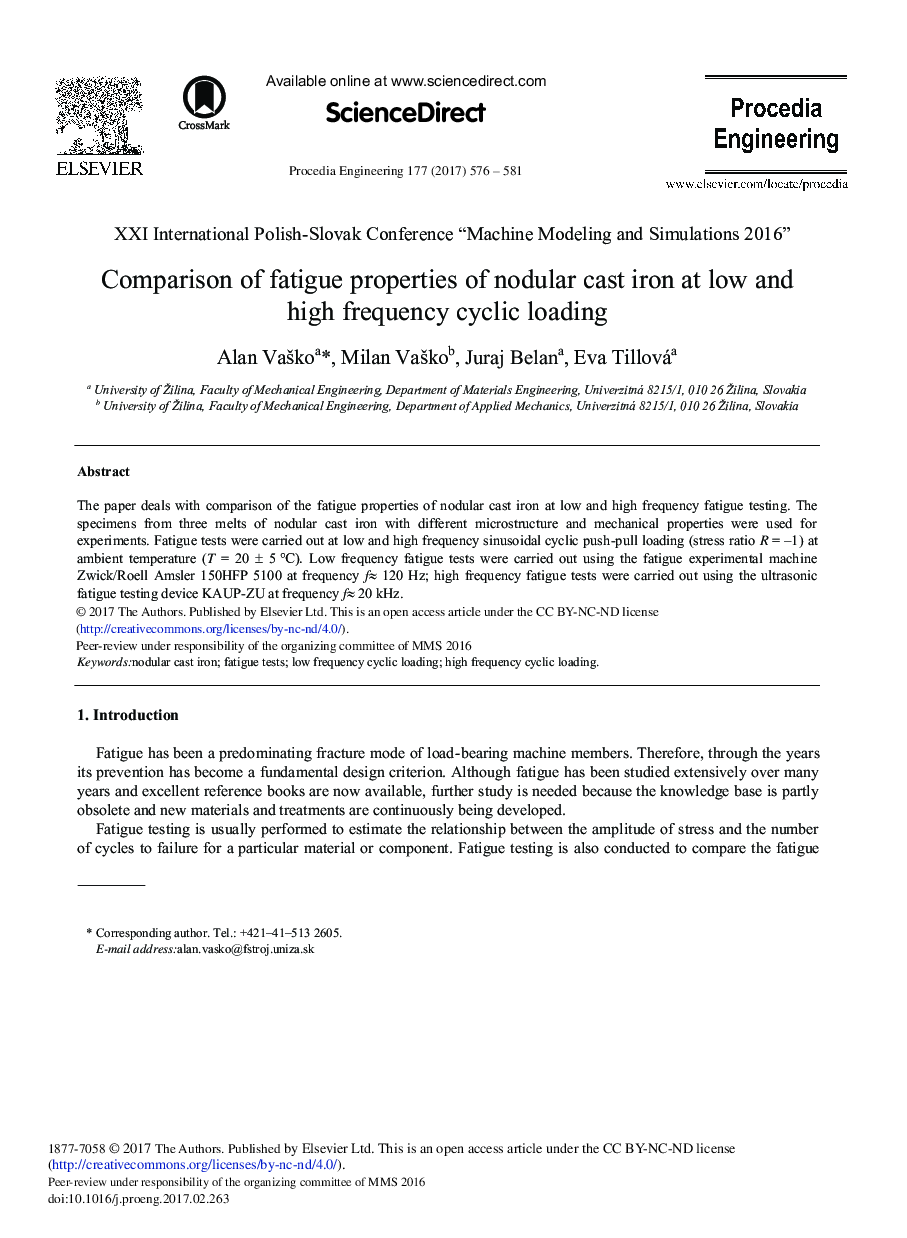 Comparison of Fatigue Properties of Nodular Cast Iron at Low and High Frequency Cyclic Loading