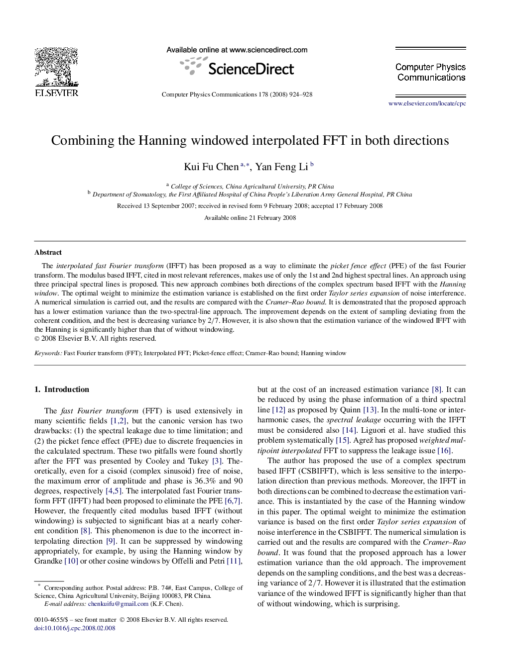 Combining the Hanning windowed interpolated FFT in both directions