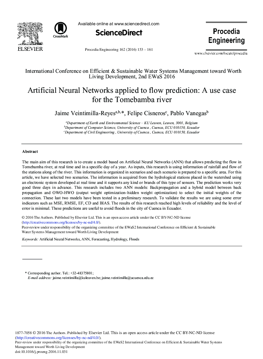 Artificial Neural Networks Applied to Flow Prediction: A Use Case for the Tomebamba River