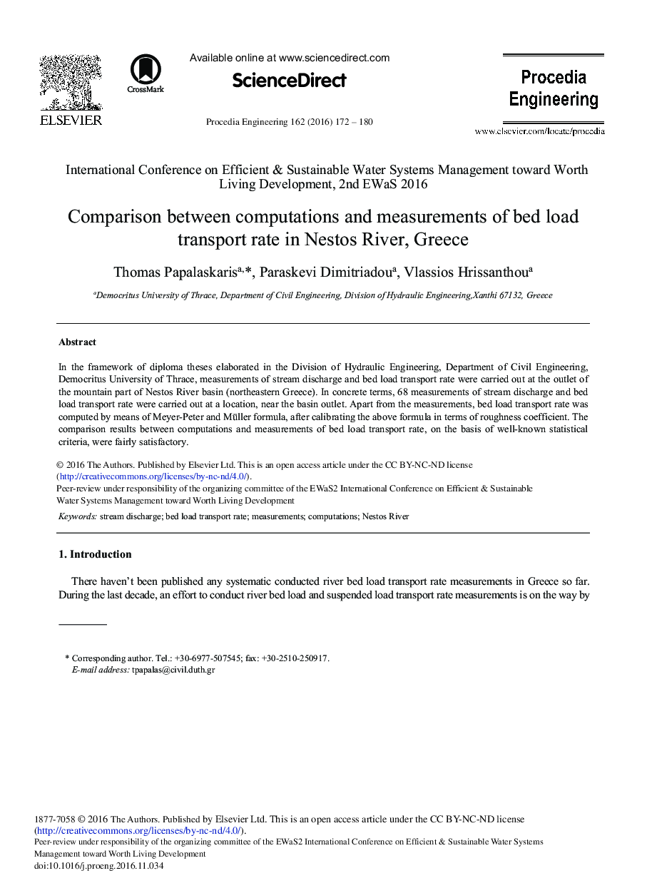 Comparison between Computations and Measurements of Bed Load Transport Rate in Nestos River, Greece