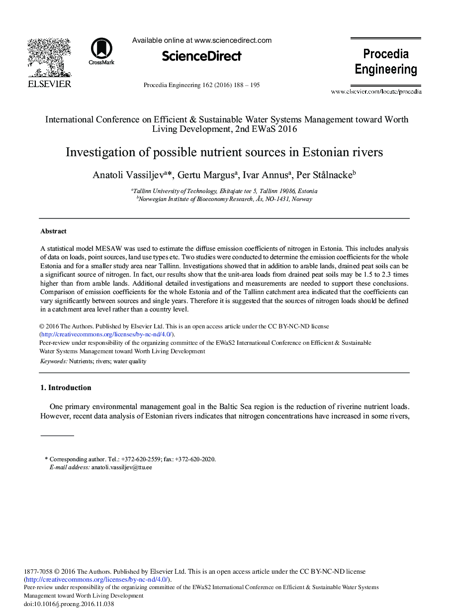 Investigation of Possible Nutrient Sources in Estonian Rivers