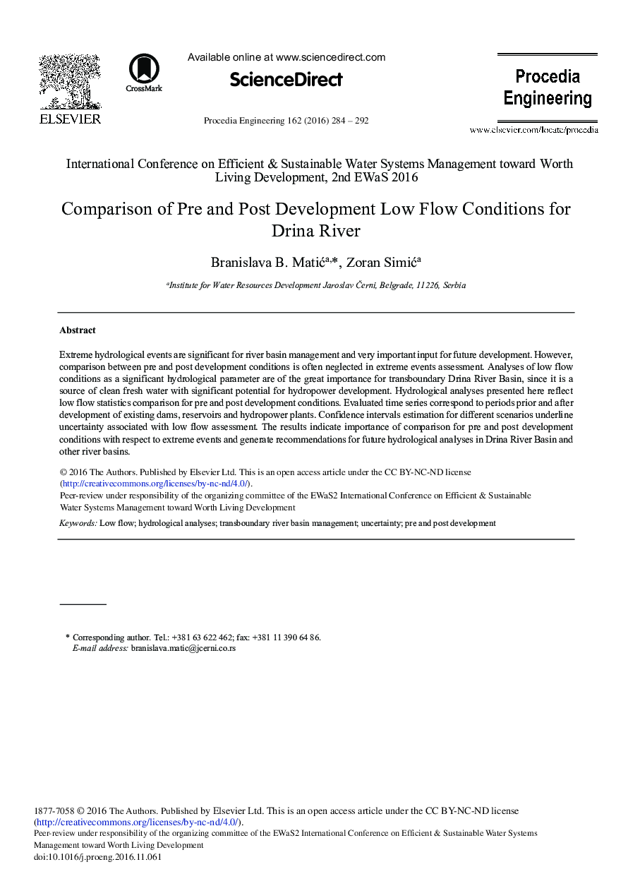 Comparison of Pre and Post Development Low Flow Conditions for Drina River