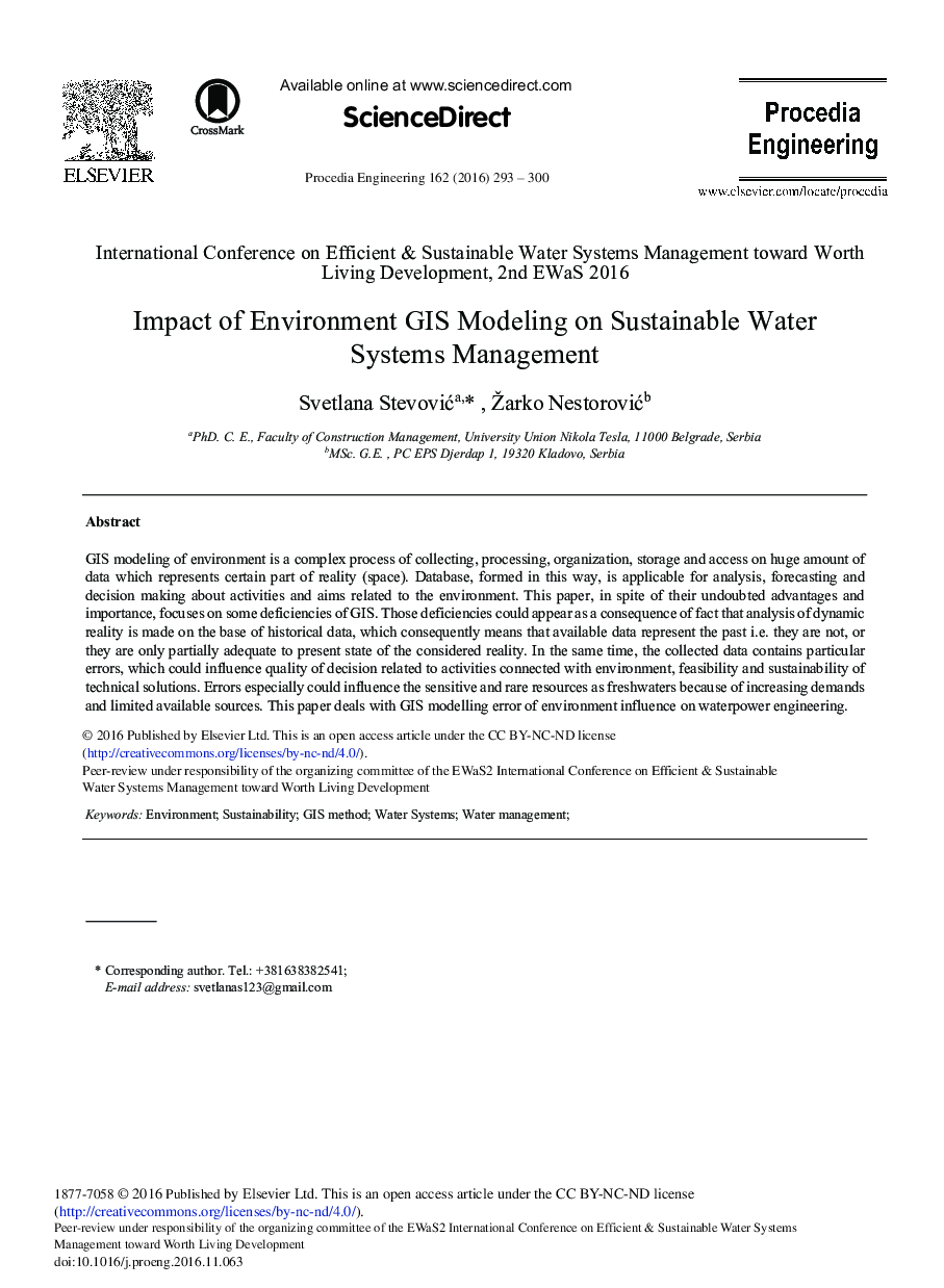 Impact of Environment GIS Modeling on Sustainable Water Systems Management