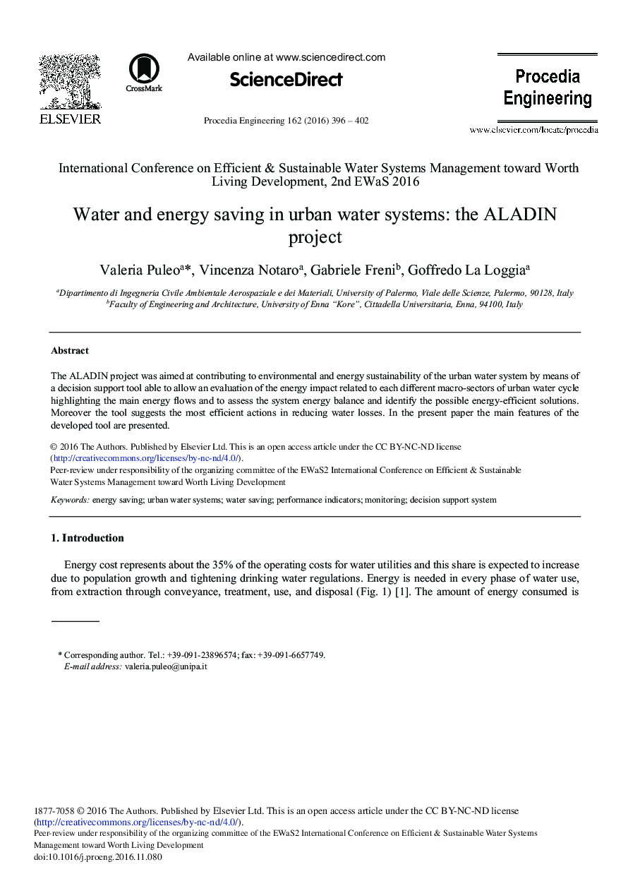 Water and Energy Saving in Urban Water Systems: The ALADIN Project