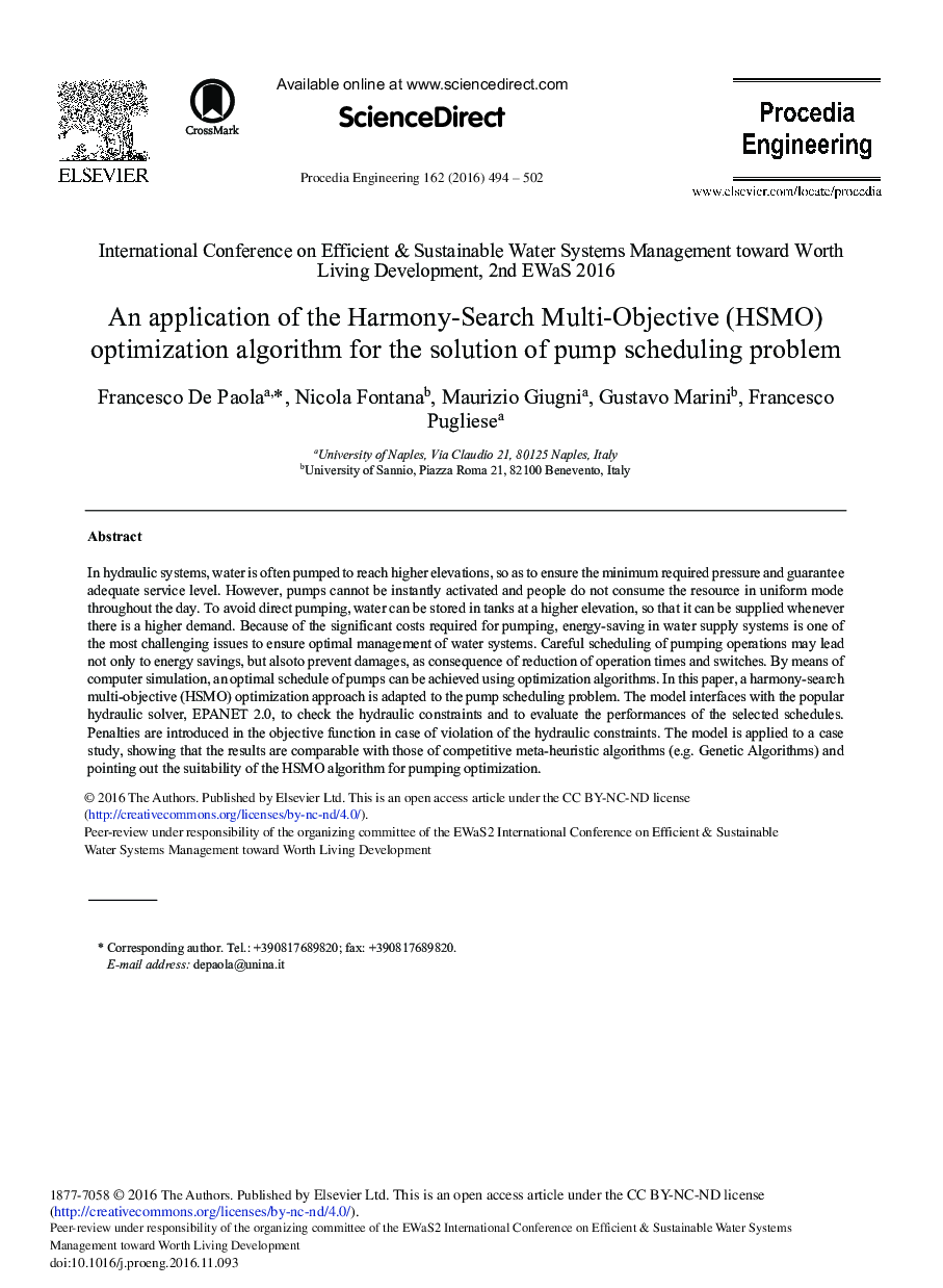 An Application of the Harmony-Search Multi-Objective (HSMO) Optimization Algorithm for the Solution of Pump Scheduling Problem