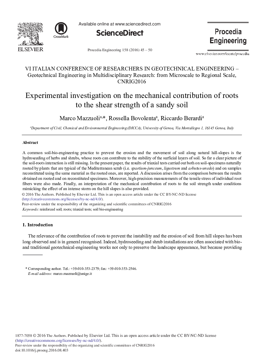 Experimental Investigation on the Mechanical Contribution of Roots to the Shear Strength of a Sandy Soil