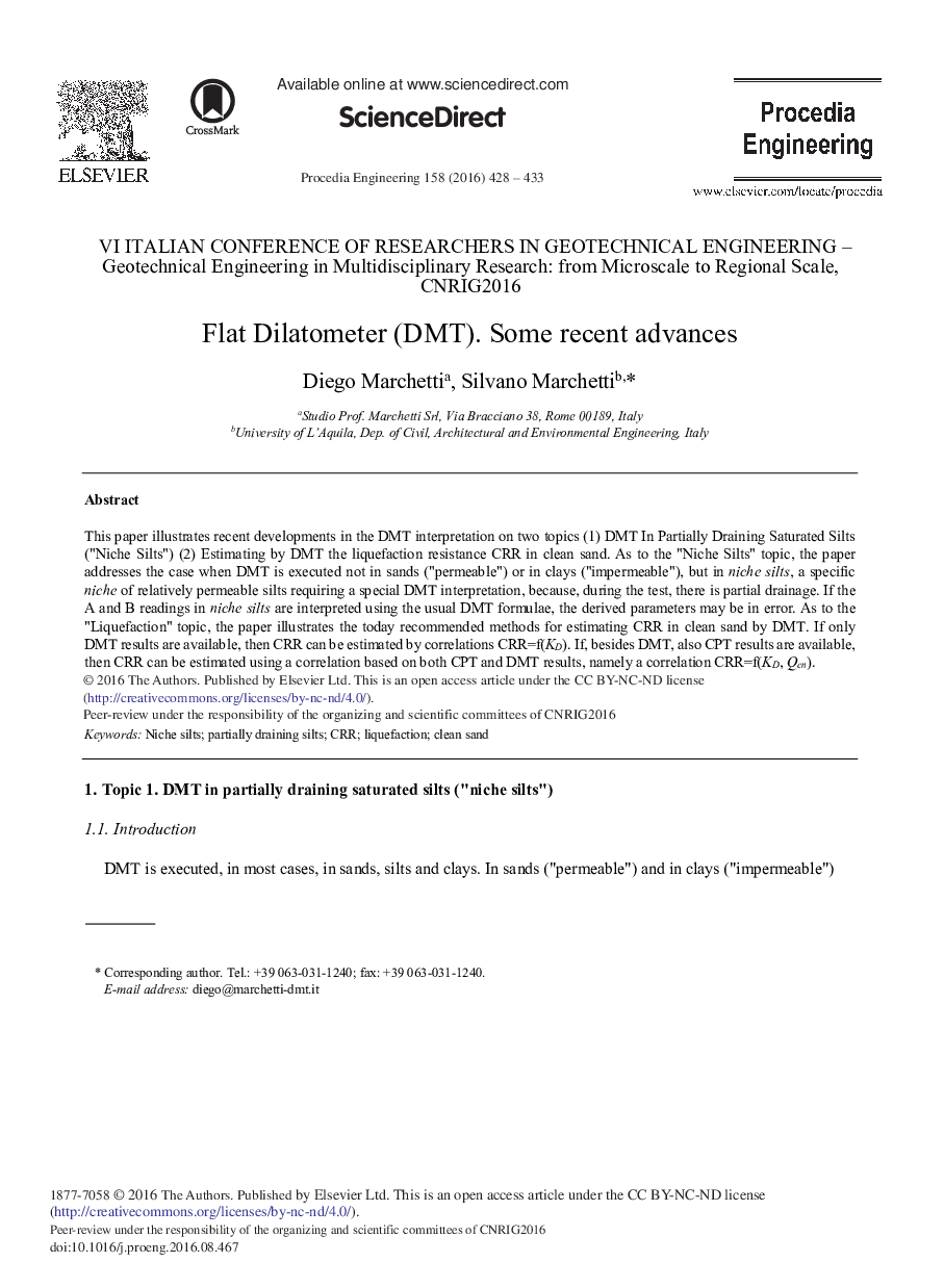 Flat Dilatometer (DMT). Some Recent Advances