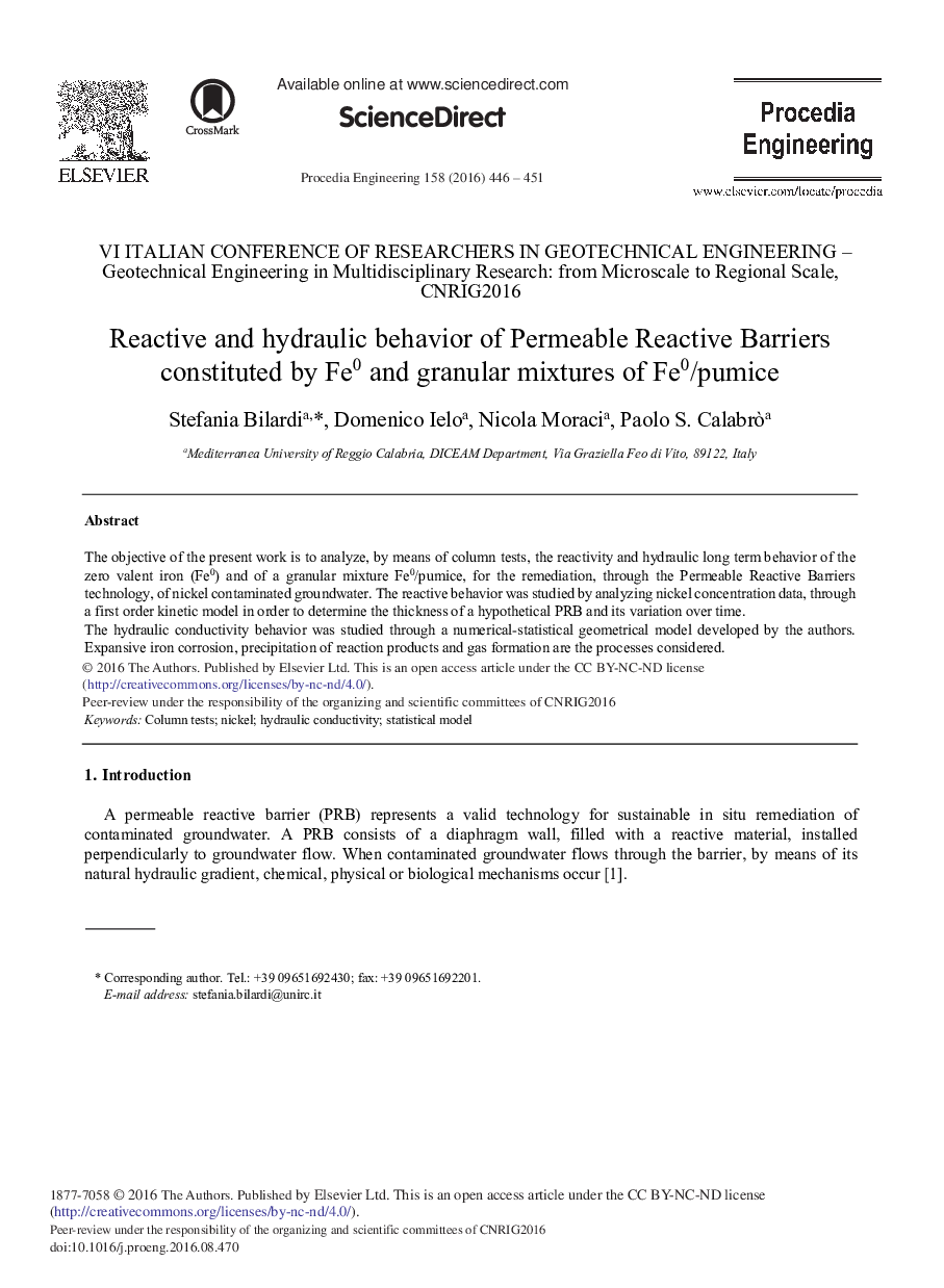 Reactive and Hydraulic Behavior of Permeable Reactive Barriers Constituted by Fe0 and Granular Mixtures of Fe0/Pumice