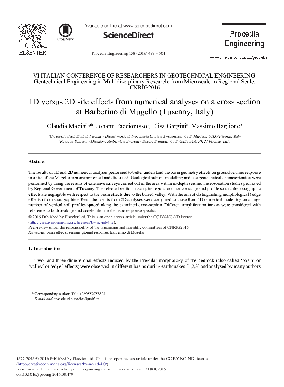 1D Versus 2D Site Effects from Numerical Analyses on a Cross Section at Barberino Di Mugello (Tuscany, Italy)