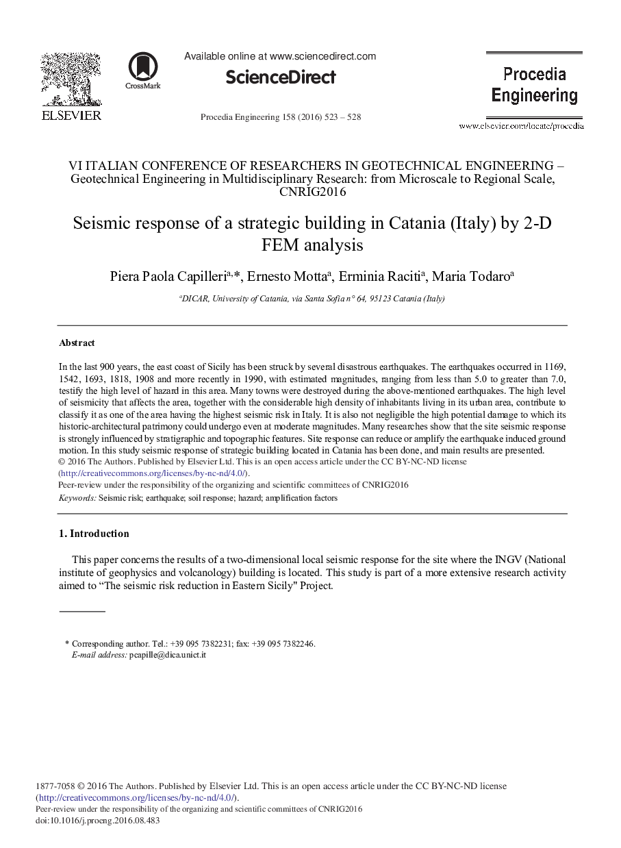 Seismic Response of a Strategic Building in Catania (Italy) by 2-D FEM Analysis