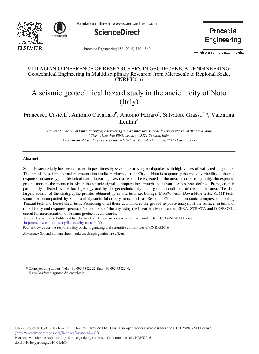 A Seismic Geotechnical Hazard Study in the Ancient City of Noto (Italy)