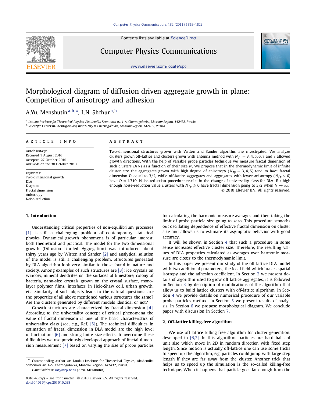 Morphological diagram of diffusion driven aggregate growth in plane: Competition of anisotropy and adhesion