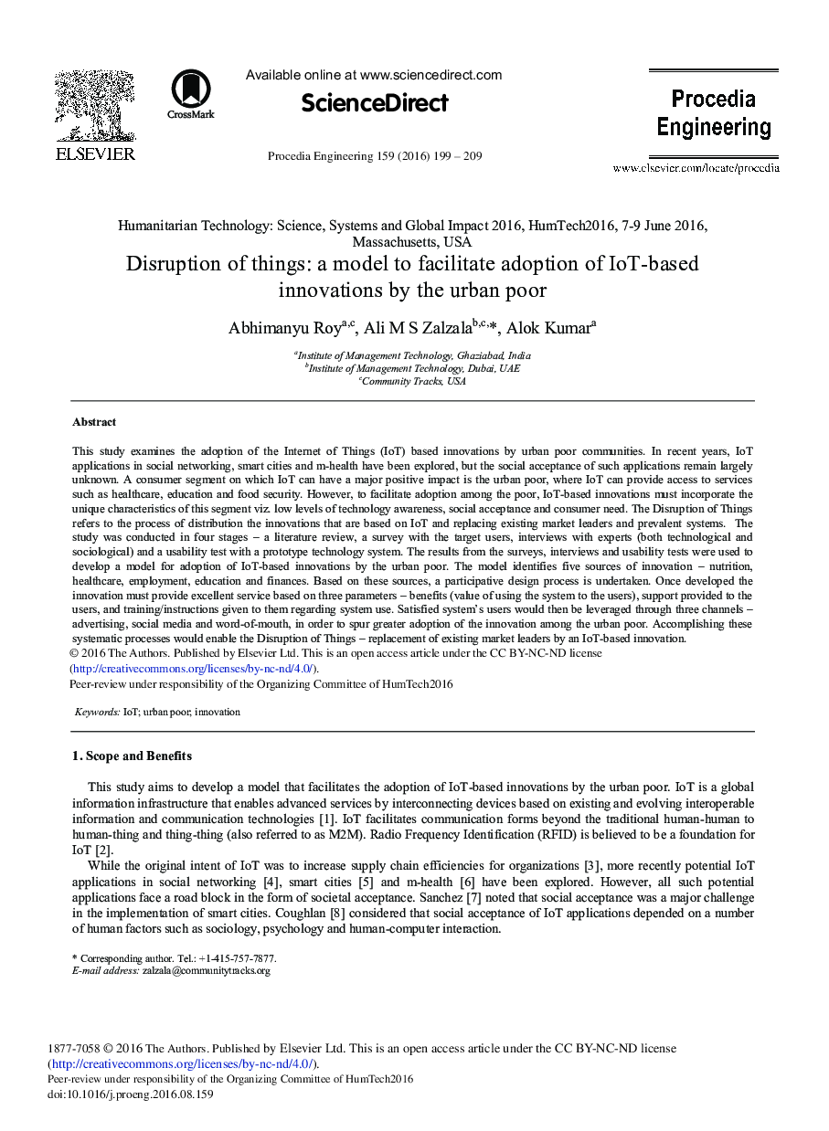 Disruption of Things: A Model to Facilitate Adoption of IoT-based Innovations by the Urban Poor