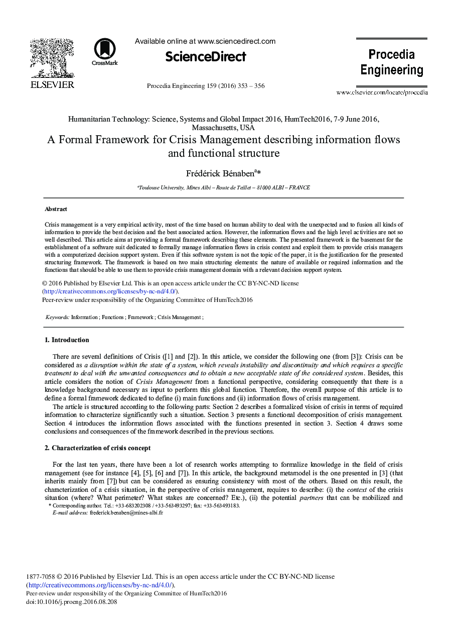 A Formal Framework for Crisis Management Describing Information Flows and Functional Structure