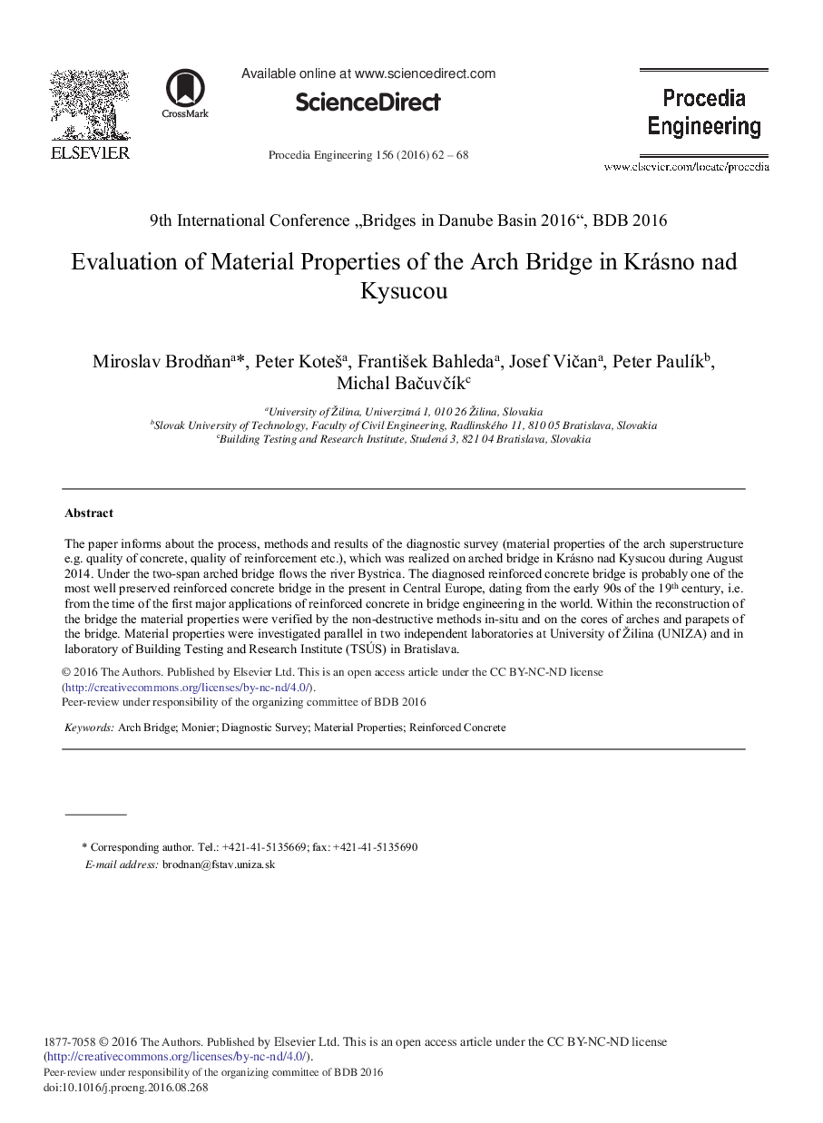 Evaluation of Material Properties of the Arch Bridge in Krásno nad Kysucou