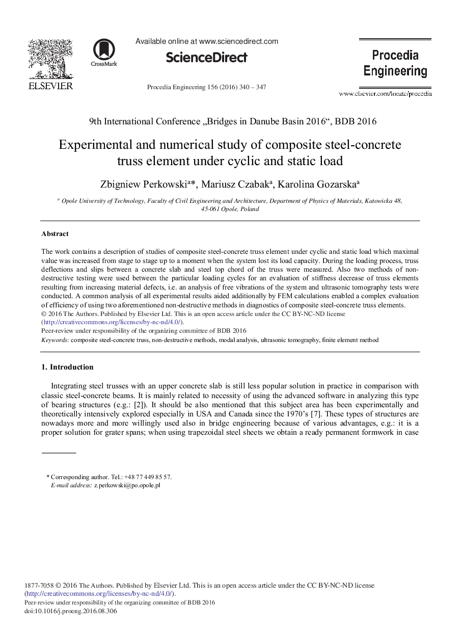 Experimental and Numerical Study of Composite Steel-concrete Truss Element Under Cyclic and Static Load