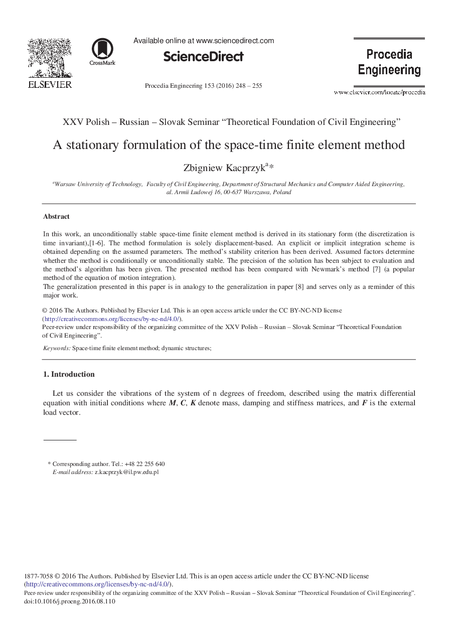 A Stationary Formulation of the Space-time Finite Element Method