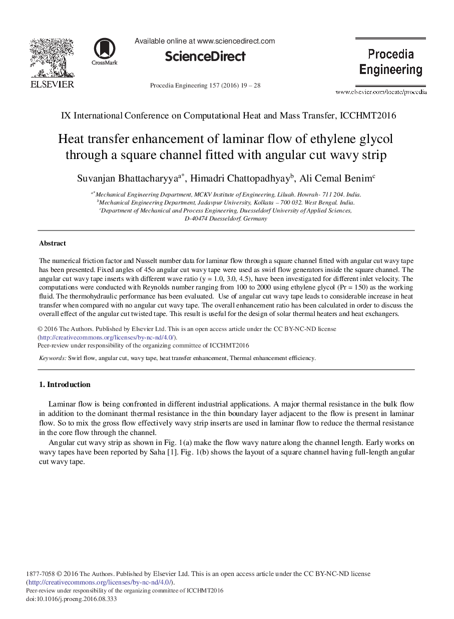 Heat Transfer Enhancement of Laminar Flow of Ethylene Glycol through a Square Channel Fitted with Angular Cut Wavy Strip