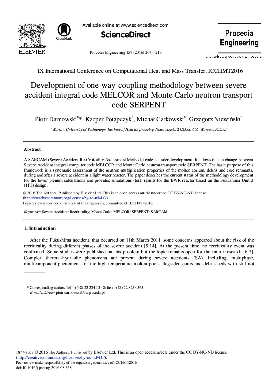 Development of One-way-coupling Methodology between Severe Accident Integral Code MELCOR and Monte Carlo Neutron Transport Code SERPENT