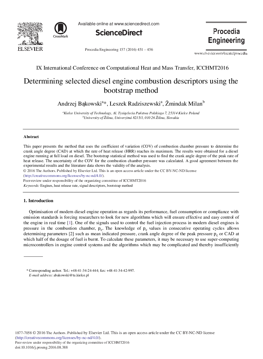 Determining Selected Diesel Engine Combustion Descriptors Using the Bootstrap Method