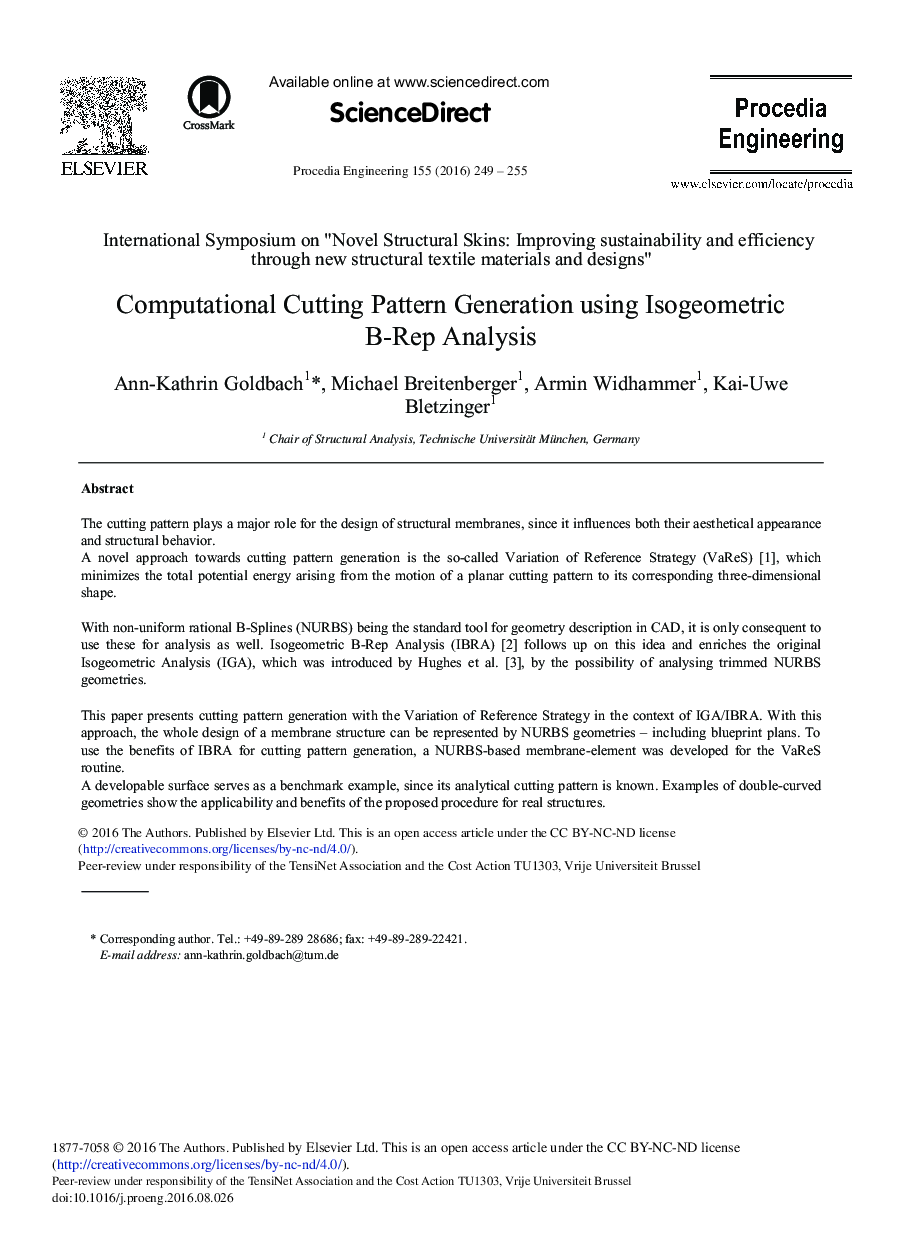 عکس صفحه اول مقاله: Computational Cutting Pattern Generation Using Isogeometric B-Rep Analysis Computational Cutting Pattern Generation Using Isogeometric B-Rep Analysis