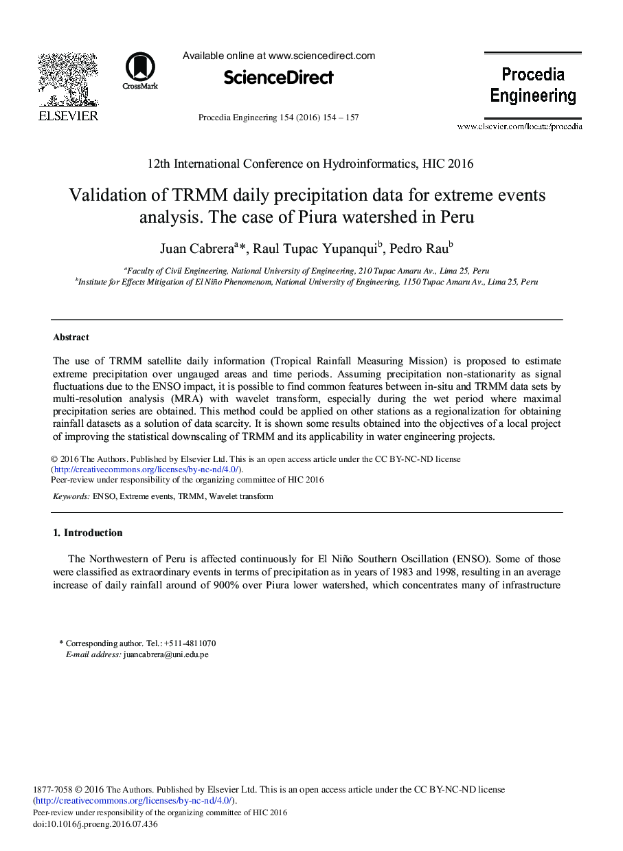 Validation of TRMM Daily Precipitation Data for Extreme Events Analysis. The Case of Piura Watershed in Peru